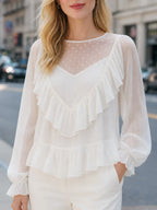 Dot-Jacquard Chiffon Ruffle Blouse
