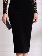 Black Velvet Off-the-Shoulder Leopard Sleeve Midi Dress