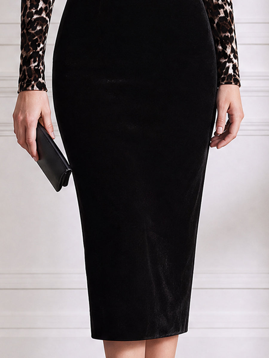 Black Velvet Off-the-Shoulder Leopard Sleeve Midi Dress