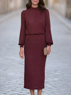 Metallic-Thread High-Neck Long-Sleeve Top And Midi Skirt Two-Piece Set