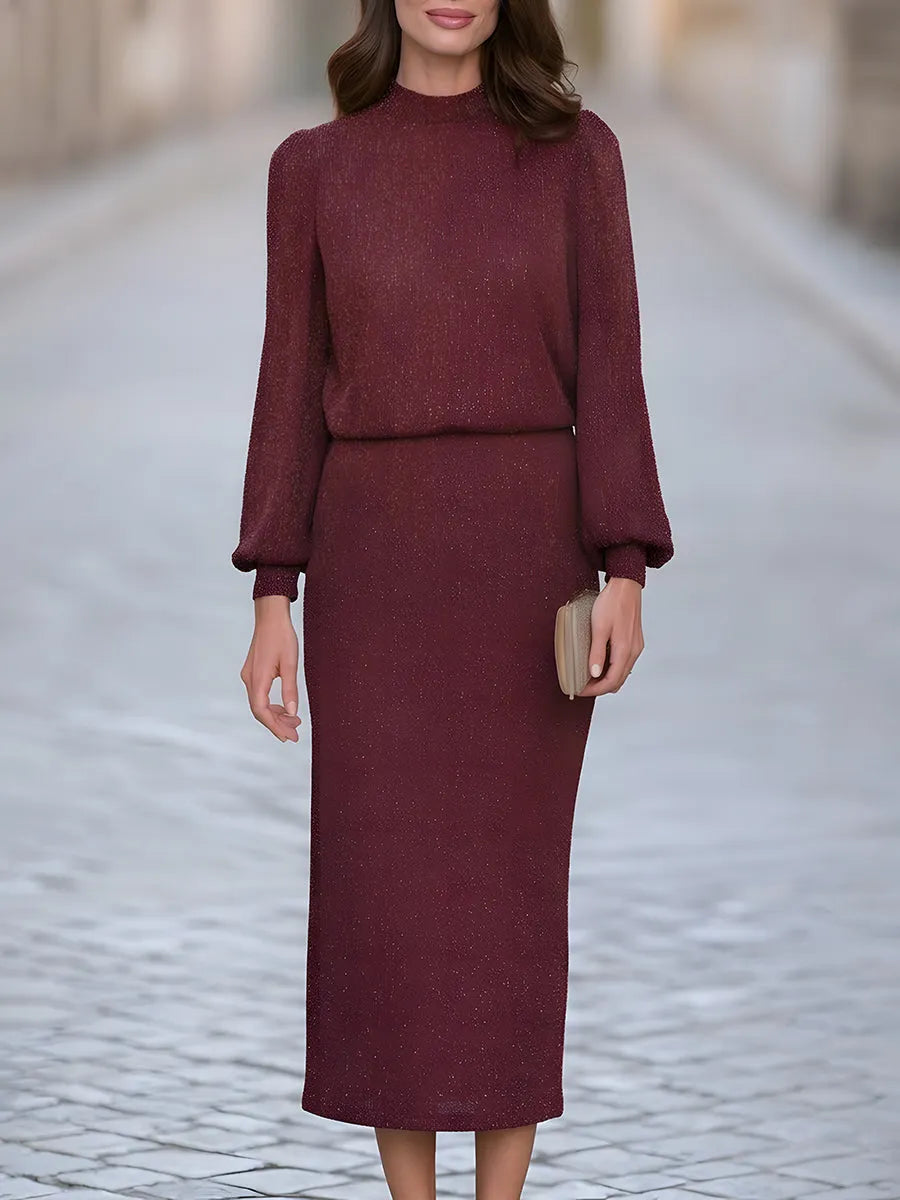 Metallic-Thread High-Neck Long-Sleeve Top And Midi Skirt Two-Piece Set
