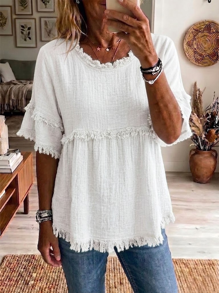 Casual Short-sleeve Raw-hem Linen-blend Top
