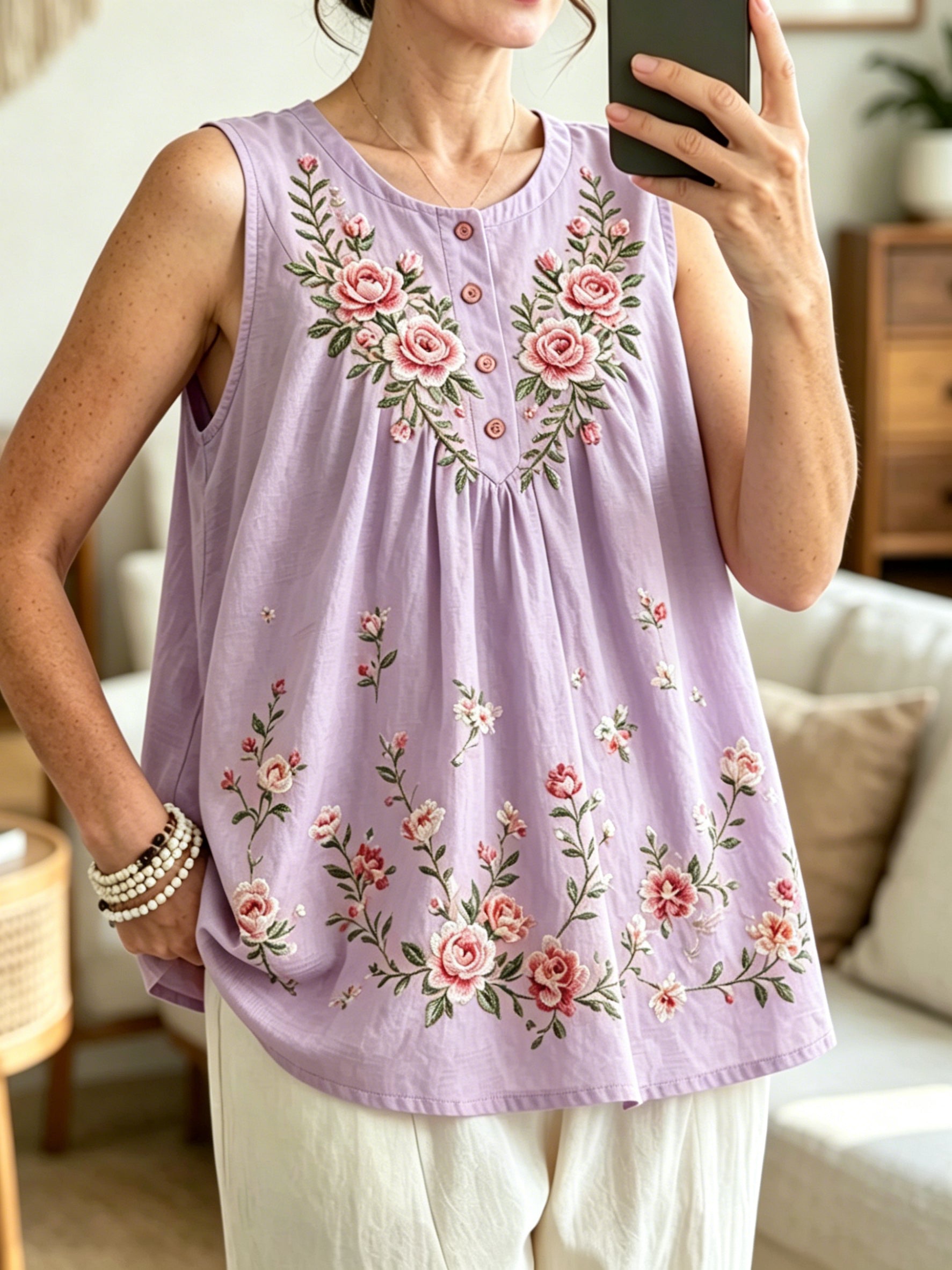 Women's Ethnic Floral Art Print Casual Sleeveless Pleated Linen Shirt