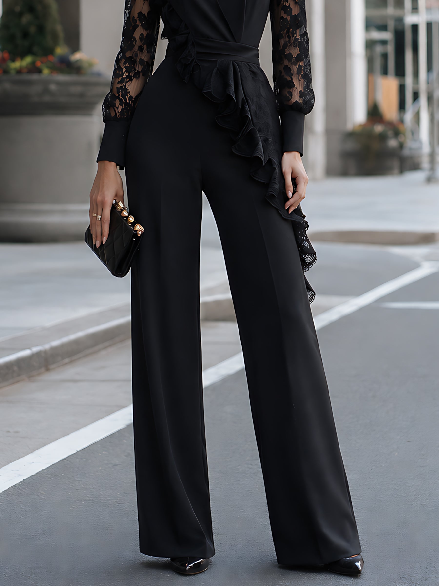 Lace-Sleeve Ruffle Wide-Leg Jumpsuit