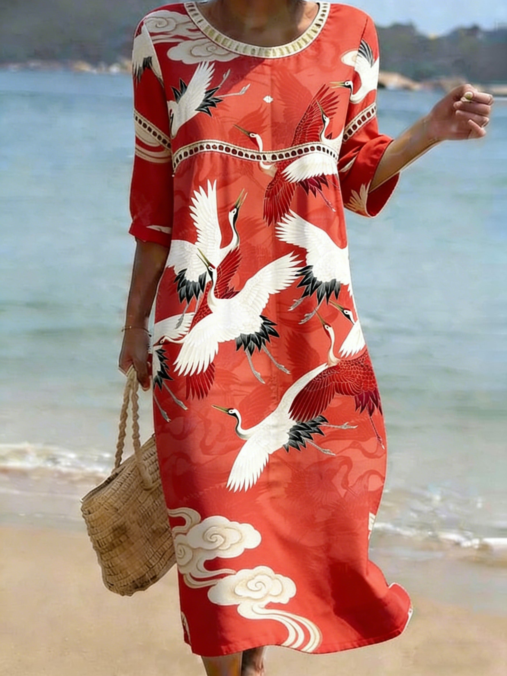 Women's Chinese Style Print Crew Neck Cotton Pocket Dress