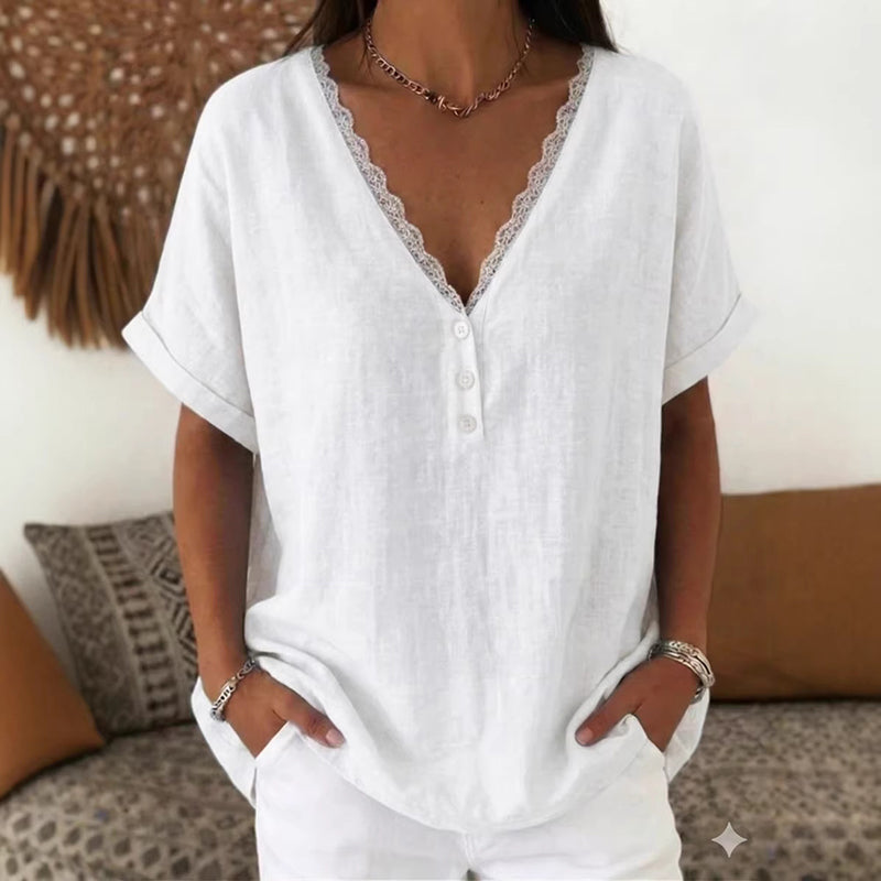 Women's Solid Color Lace V-neck Short Sleeve Linen Blend T-shirt