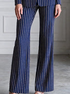 Vertical Stripe Notched Lapel Blazer & Flare Pants Suit