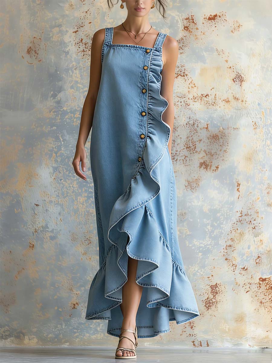 Women's Retro Ruffled Art Stylish Button Casual No Sleeve Denim Dress