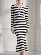 Striped Ribbed Knit Polo-Collar Mermaid Midi Dress