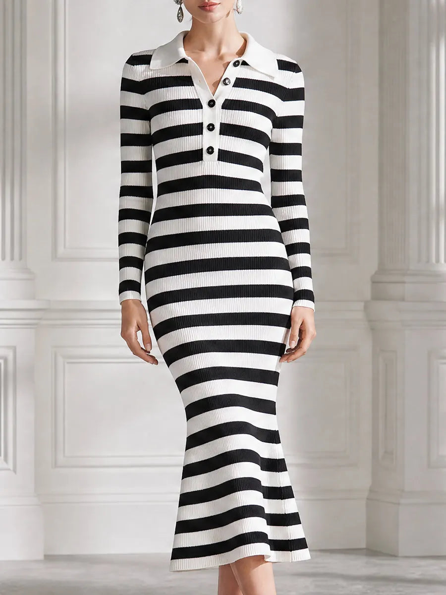 Striped Ribbed Knit Polo-Collar Mermaid Midi Dress
