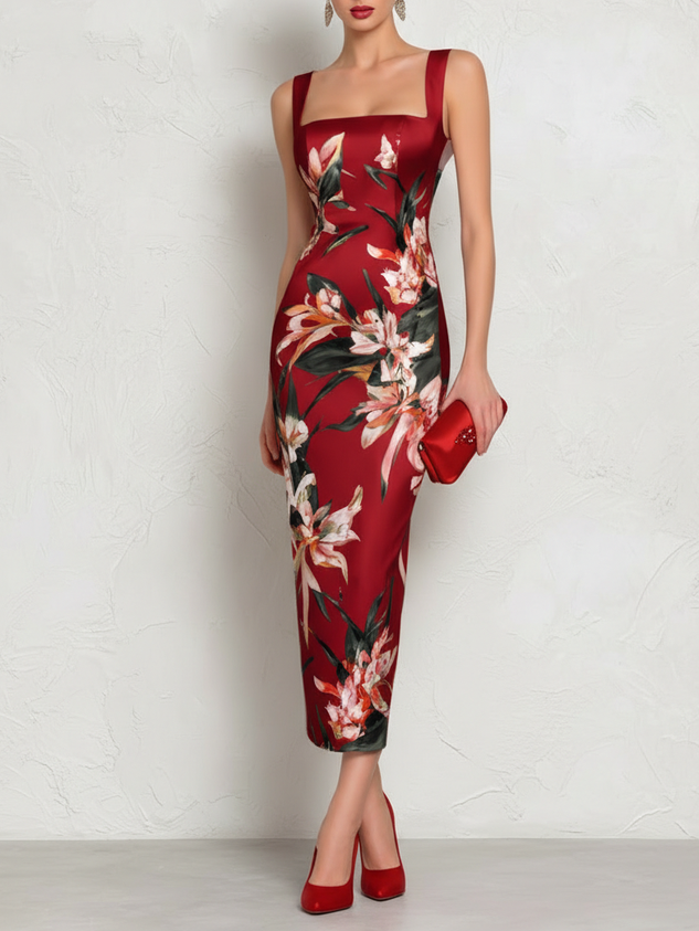 Pink Floral Satin Square Neck Sleeveless Sheath Midi Dress