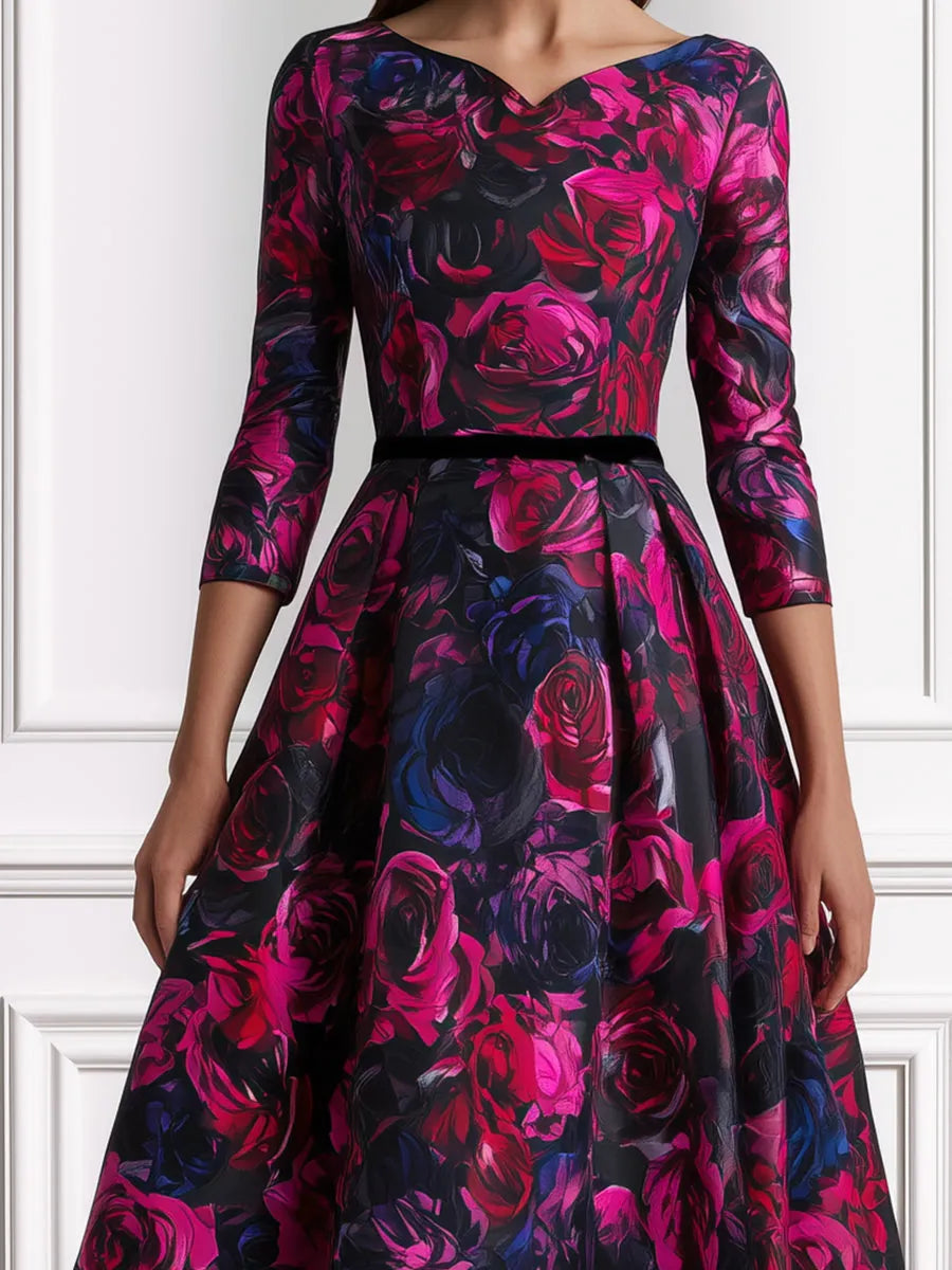 Rose Print Fit-and-Flare Midi Dress