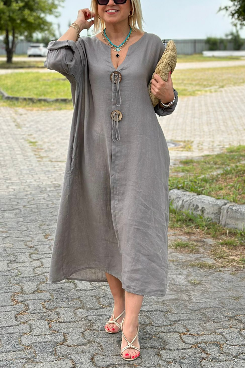 V-neck Button Detail Cotton And Linen Dress