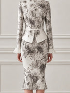Ivory Grey Floral Print Pleated Ruffle Collar Tailored Blazer & Mermaid Midi Skirt Two-Piece Suit Set