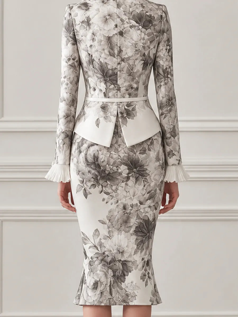 Ivory Grey Floral Print Pleated Ruffle Collar Tailored Blazer & Mermaid Midi Skirt Two-Piece Suit Set