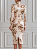 Ivory Brown Floral Print High Neck Bodycon Midi Dress