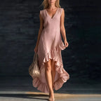 New Fashionable and Romantic Sleeveless V-Neck Cotton-Linen Long Dress with Ruffled Hem