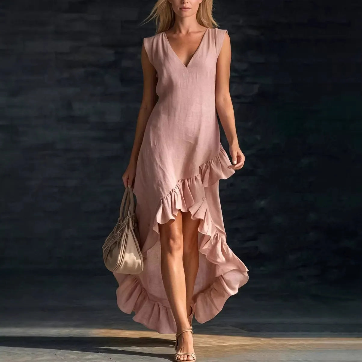 New Fashionable and Romantic Sleeveless V-Neck Cotton-Linen Long Dress with Ruffled Hem