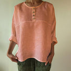 Solid Color Patchwork Long-sleeved Cotton And Linen Button Shirt
