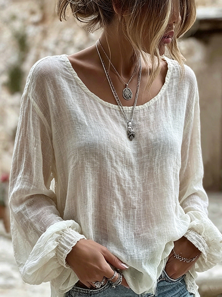 Women's Solid Color Crew Neck Linen Blend Casual T-shirt