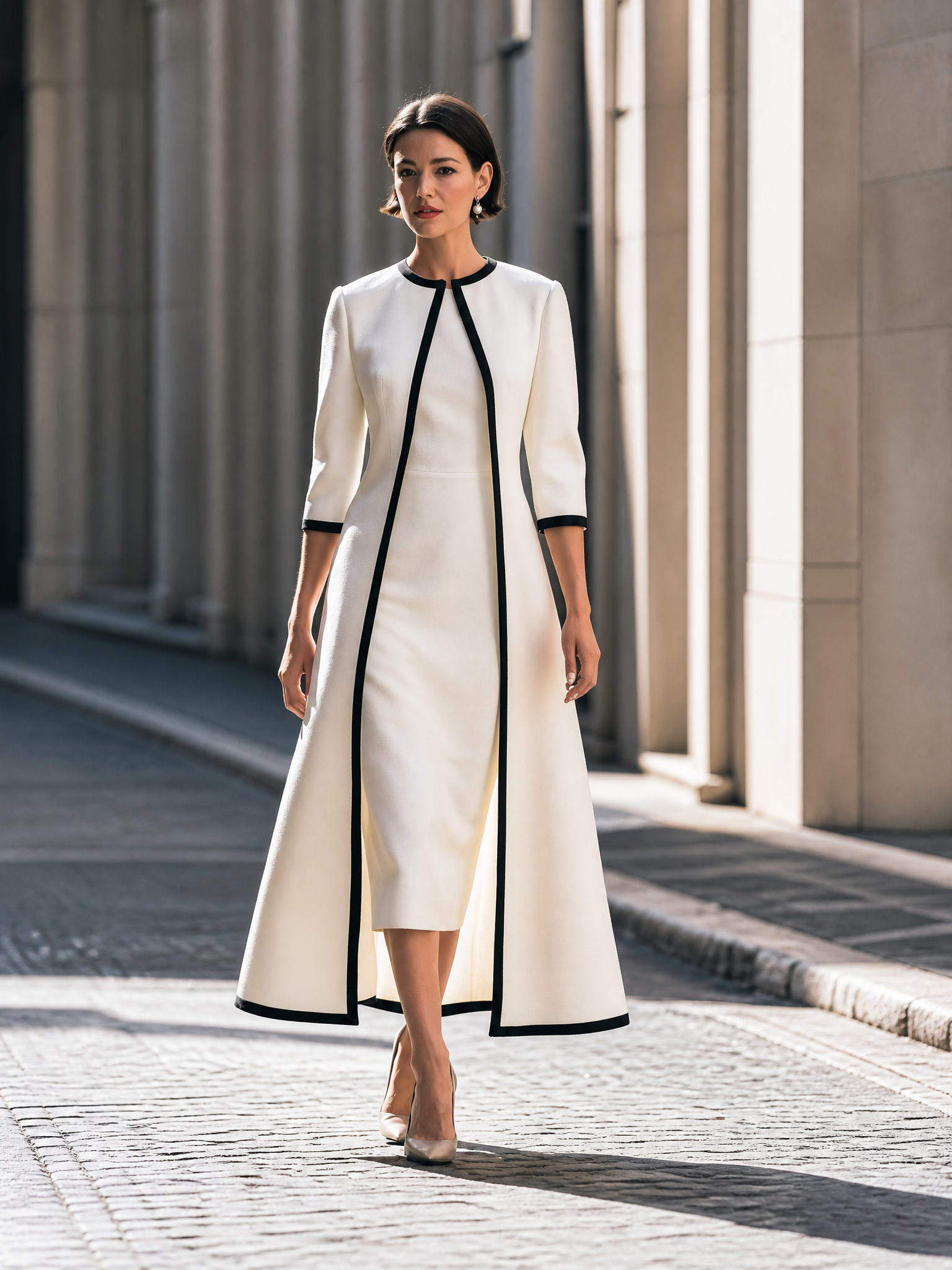 Contrast Trim Coat And Midi Dress Set
