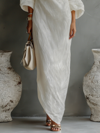 Women's Ivory White Cotton-Linen Blend One-Shoulder Flowing Elegant Dress