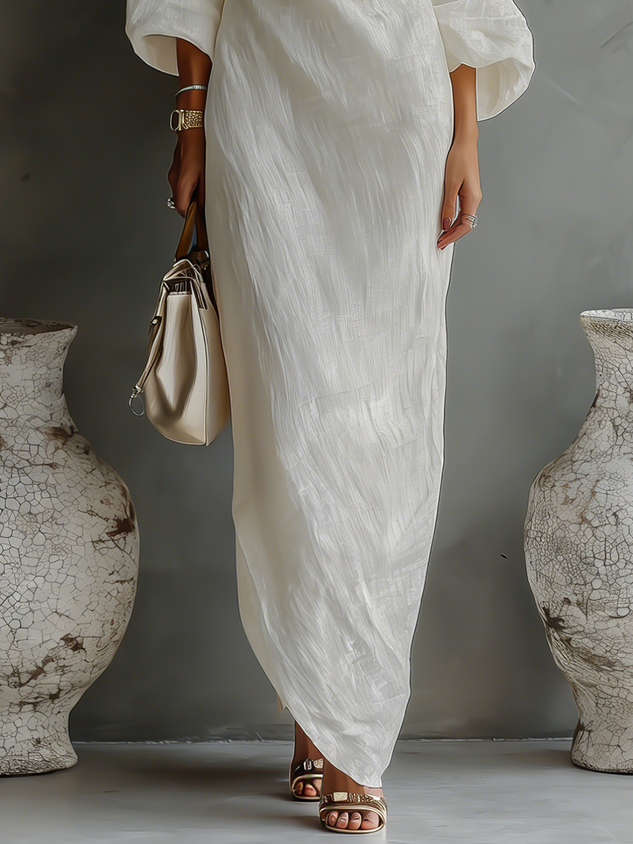 Women's Ivory White Cotton-Linen Blend One-Shoulder Flowing Elegant Dress