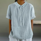 Solid Color Cotton And Linen Lapel Short Sleeved Casual Blouse