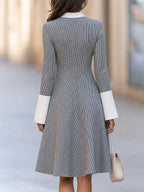 Houndstooth Color Block Flared Midi Dress With Ribbed Mock Neck