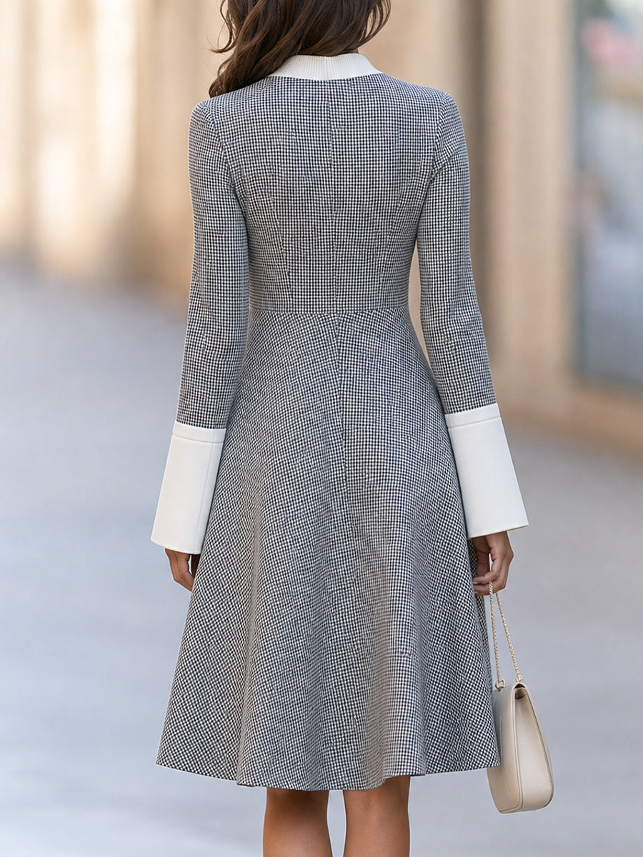 Houndstooth Color Block Flared Midi Dress With Ribbed Mock Neck