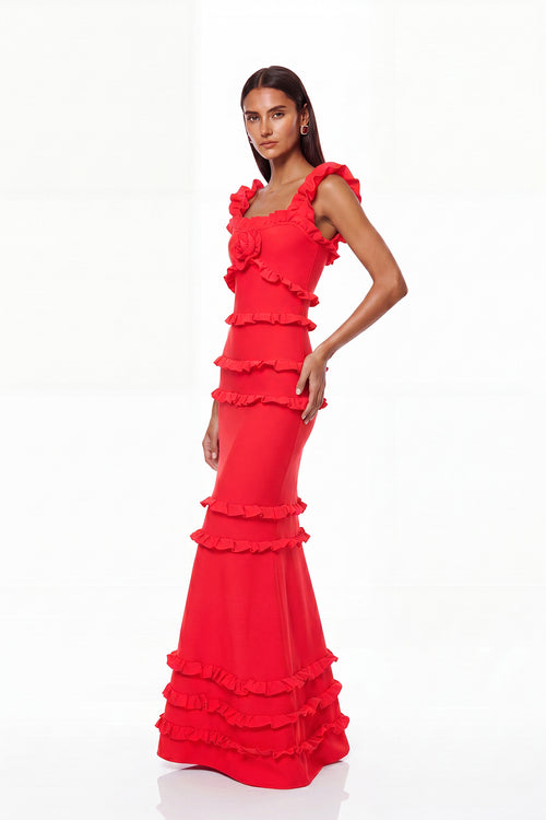 Bartholomaios Bandage Ruffle Flower Maxi Dress In Red