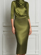 Olive Green Satin Draped Cowl Neck Pencil Midi Dress