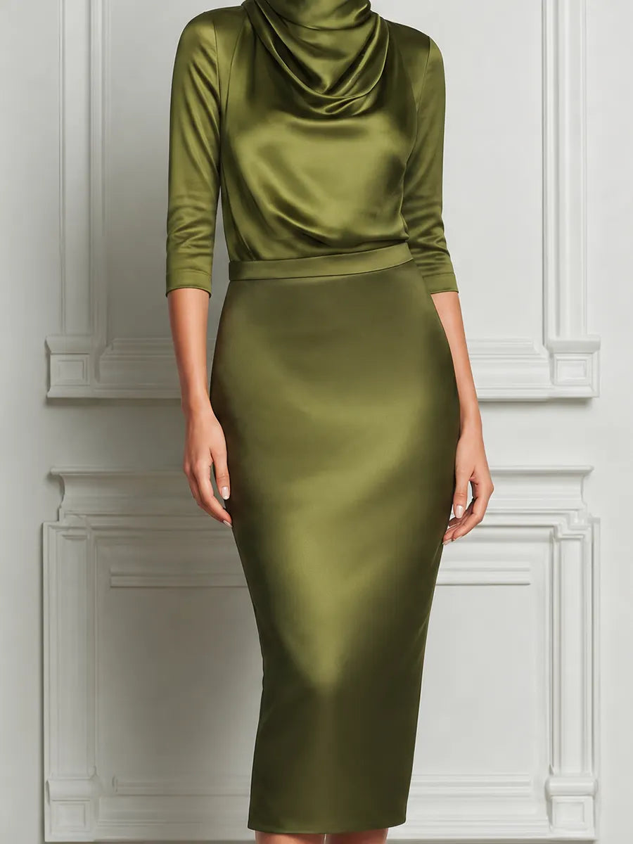 Olive Green Satin Draped Cowl Neck Pencil Midi Dress