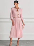 Pink Tweed Cropped Jacket & Pleated Midi Dress Set