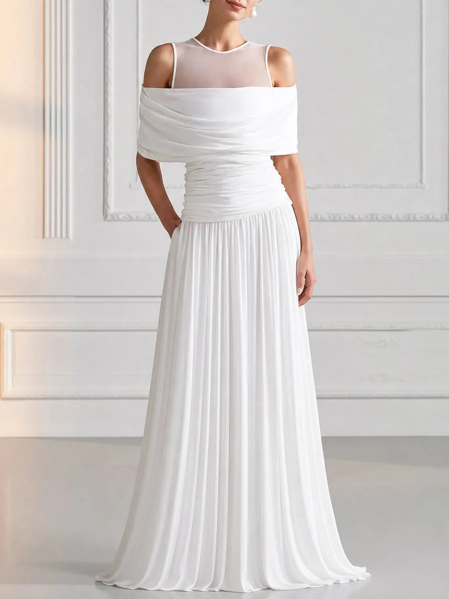 Elegant Mesh Off-Shoulder Draped Maxi Evening Gown