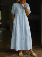 Women's Lace Peter Pan Collar Solid Color Casual Cotton Linen Long Dress