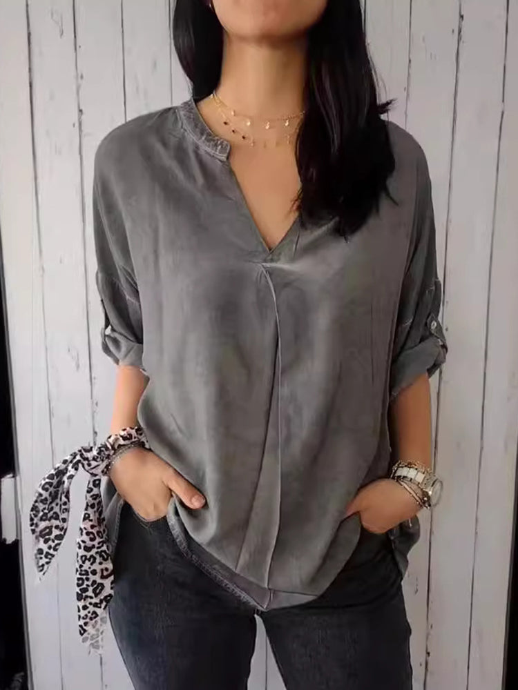 V Neck Linen Blend Loose Fit Casual Shirt