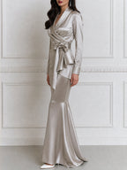 Shawl Collar Wrap Bow Top & Mermaid Maxi Skirt