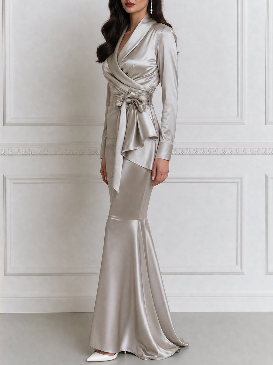 Shawl Collar Wrap Bow Top & Mermaid Maxi Skirt