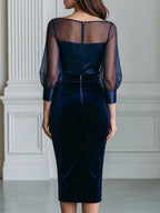 Organza Puff Sleeve Satin Velvet Bodycon Midi Dress