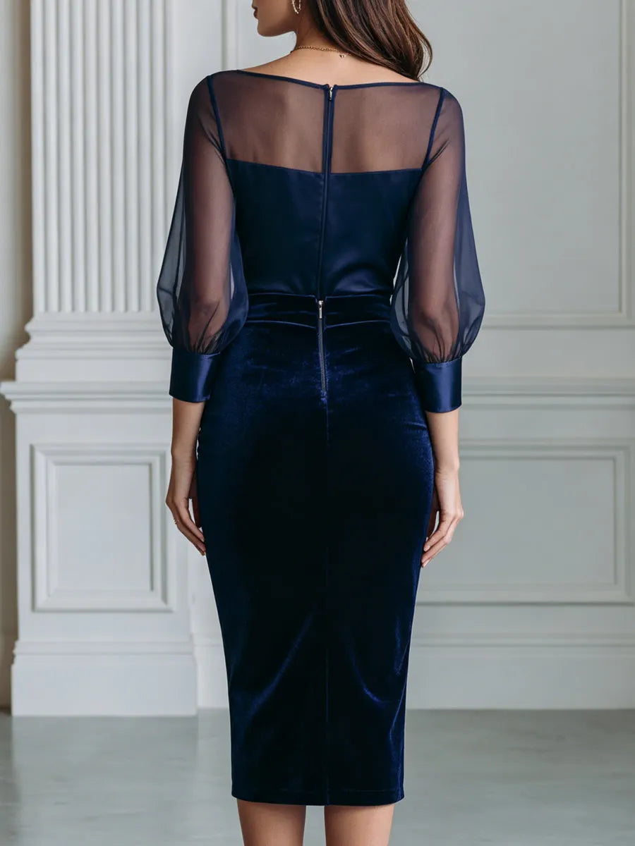 Organza Puff Sleeve Satin Velvet Bodycon Midi Dress
