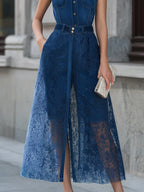 Sleeveless Denim Top And Lace Skirt Overlay Shorts Two-Piece Set