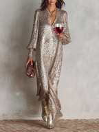 Women's Minimalist Loose Shimmering V-neck Maxi Party Dress