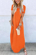 Women's Plain Pocket Round Neck Curved Hem Jersey Tee Dress Style