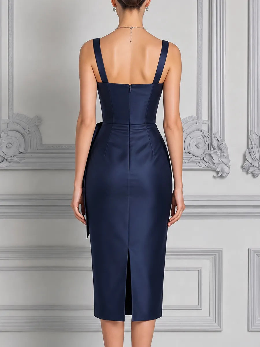 Navy Dress Fall Wedding Guest Dress Satin Rosette Pencil Midi Dress