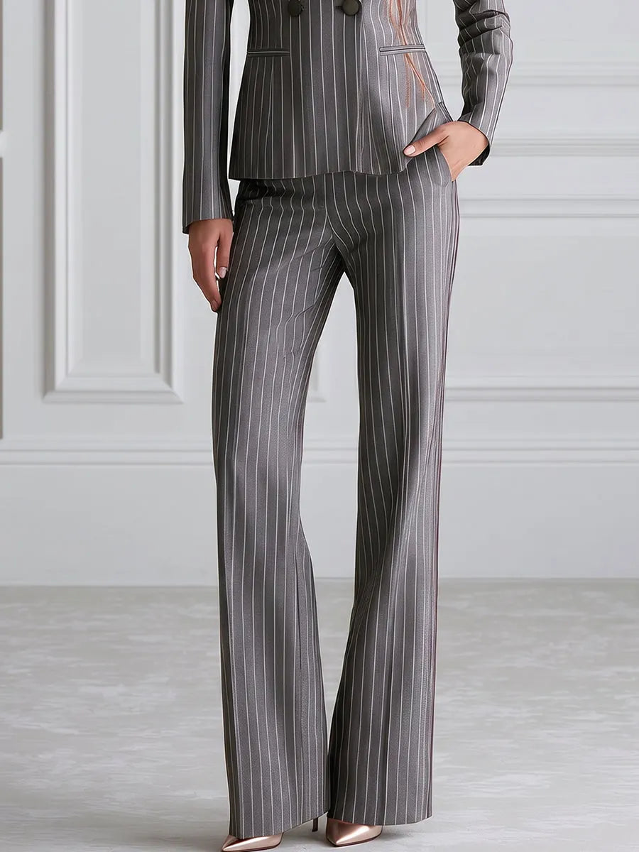 Rose Print Pinstripe Blazer And Flared Trouser Suit