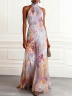 Light Purple Floral Chiffon Halter Neck Pleated Sleeveless Maxi Dress
