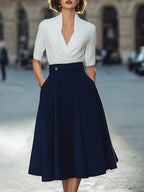 Contrast Wrap Top & A-Line Midi Dress Set