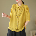 Women's Embroidery Button Down Cotton Linen Casual Shirt