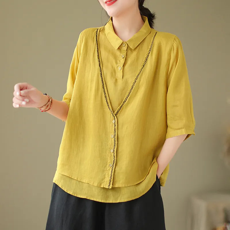 Women's Embroidery Button Down Cotton Linen Casual Shirt